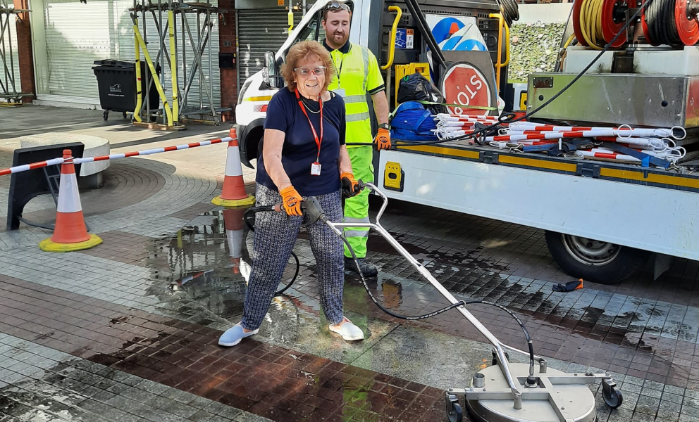 Councillor Pat Greenwell pavement jet-washing Eltham High Street