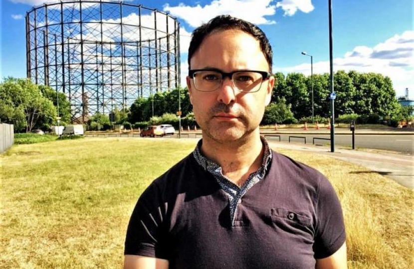 Councillor Fletcher at the now-demolished gasholder