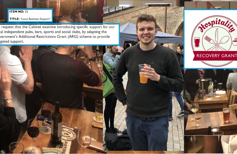 Councillor Charlie Davis holding a pint glass; Pub crowds