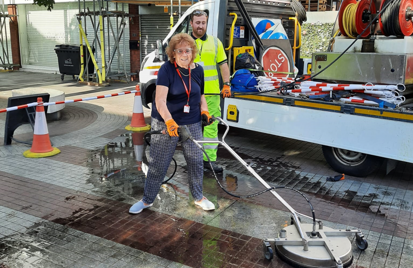 Councillor Pat Greenwell pavement jet-washing Eltham High Street