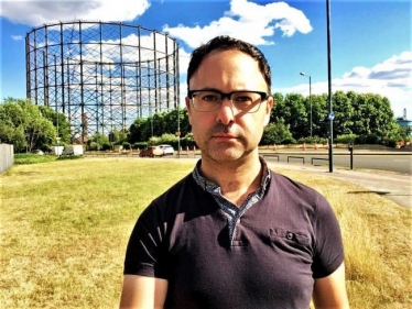 Councillor Fletcher at the now-demolished gasholder