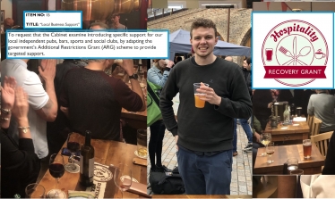 Councillor Charlie Davis holding a pint glass; Pub crowds